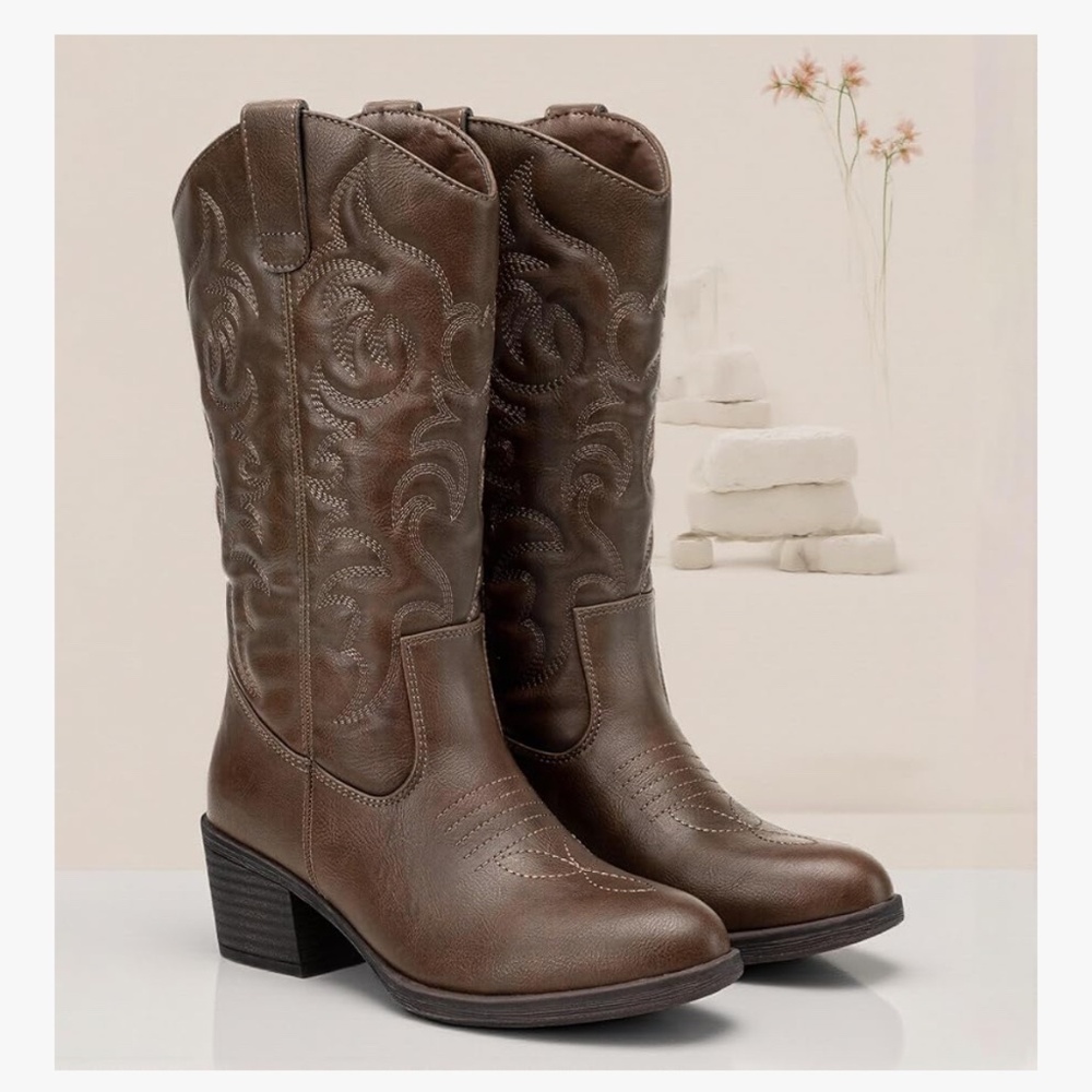 Vepose Women's Western Cowgirl Boots 7.5 Round Toe Mid Calf Boots for Women
